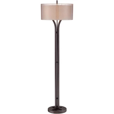 Franklin Iron Works Tristan Modern Floor Lamp 64" Tall Deep Bronze Metal Sheer Outer Linen Inner Double Drum Shade For Living Room Bedroom Office Home 5 Franklin Iron Works Tristan Modern Floor Lamp 64" Tall Deep Bronze Metal Sheer Outer Linen Inner Double Drum Shade For Living Room Bedroom Office Home - Image 5