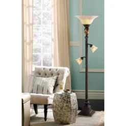 Kathy Ireland Mulholland Vintage Rustic Torchiere Floor Lamp With Side Lights 72" Tall Bronze Tortoise Shell Frosted Glass For Living Room Reading -Adesso Shop GUEST 790b6797 9320 4798 95d4 91fea299b8a9