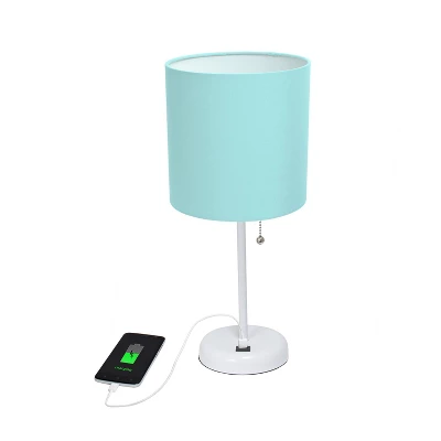19.5" Bedside USB Port Feature Metal Table Desk Lamp White With Aqua Blue Fabric Shade - Creekwood Home 2 19.5" Bedside USB Port Feature Metal Table Desk Lamp White With Aqua Blue Fabric Shade - Creekwood Home - Image 2