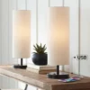 360 Lighting Heyburn Modern Accent Table Lamps 20" High Set Of 2 Bronze With USB And AC Power Outlet In Base Oatmeal Cylinder Shade For Bedroom Desk