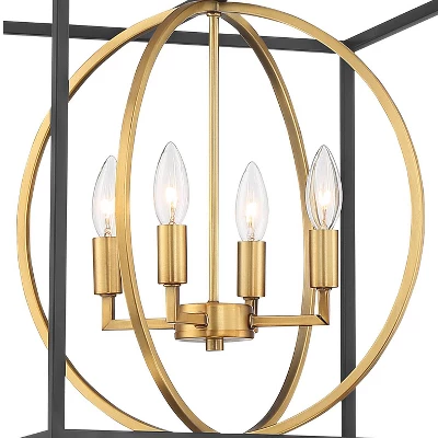 Possini Euro Design Black Warm Brass Cage Foyer Pendant Chandelier 16 1/2" Wide 4-Light Mid Century Modern For Dining Room House 2 Possini Euro Design Black Warm Brass Cage Foyer Pendant Chandelier 16 1/2" Wide 4-Light Mid Century Modern For Dining Room House - Image 2