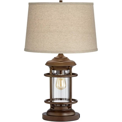Franklin Iron Works Andreas Industrial Table Lamp 26" High Brown Metal With Nightlight LED And USB Charging Port Oatmeal Shade For Living Room Desk 7 Franklin Iron Works Andreas Industrial Table Lamp 26" High Brown Metal With Nightlight LED And USB Charging Port Oatmeal Shade For Living Room Desk - Image 7