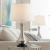 360 Lighting Simon Modern Table Lamps 25 1/2" High Set Of 2 Brushed Nickel With USB Charging Port White Fabric Drum Shade For Bedroom Living Room Desk