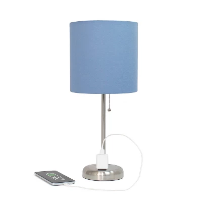 19.5" Bedside Power Outlet Base Metal Table Desk Lamp Brushed Steel With Fabric Shade Blue - Creekwood Home 2 19.5" Bedside Power Outlet Base Metal Table Desk Lamp Brushed Steel With Fabric Shade Blue - Creekwood Home - Image 2