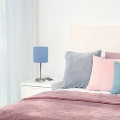 19.5" Bedside USB Port Feature Metal Table Desk Lamp Brushed Steel With Blue Fabric Shade - Creekwood Home -Adesso Shop GUEST 8b0864bb 9369 486d 9016 38279ea1e663