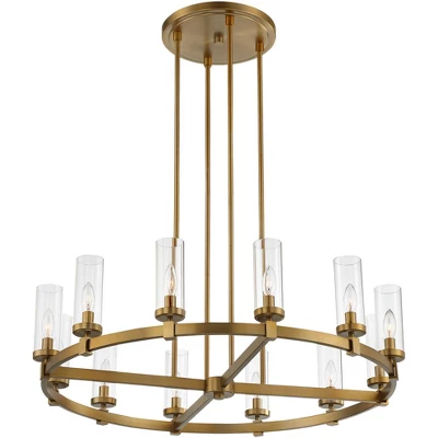 Stiffel Aron Brass Gold Wagon Wheel Chandelier 36" Wide Modern Clear Glass Shade 12-Light Fixture For Dining Room House Foyer Kitchen Island Entryway 6 Stiffel Aron Brass Gold Wagon Wheel Chandelier 36" Wide Modern Clear Glass Shade 12-Light Fixture For Dining Room House Foyer Kitchen Island Entryway - Image 6