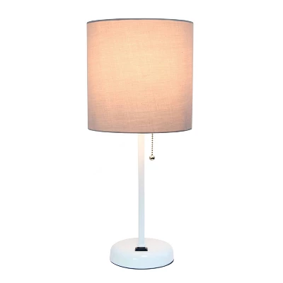 19.5" Bedside Power Outlet Base Metal Table Desk Lamp In White With Gray Fabric Shade - Creekwood Home 1 19.5" Bedside Power Outlet Base Metal Table Desk Lamp In White With Gray Fabric Shade - Creekwood Home