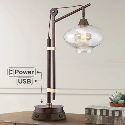 Franklin Iron Works Industrial Desk Table Lamp With USB And AC Power Outlet Workstation Charging Base 29" Tall Bronze Cognac Glass Office 1 Franklin Iron Works Industrial Desk Table Lamp With USB And AC Power Outlet Workstation Charging Base 29" Tall Bronze Cognac Glass Office