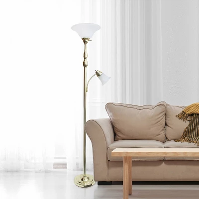 Torchiere Floor Lamp With Reading Light And Marble Glass Shades Gold - Lalia Home 2 Torchiere Floor Lamp With Reading Light And Marble Glass Shades Gold - Lalia Home - Image 2