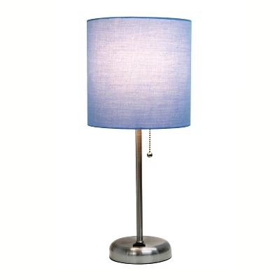 19.5" Bedside Power Outlet Base Metal Table Desk Lamp Brushed Steel With Fabric Shade Blue - Creekwood Home 1 19.5" Bedside Power Outlet Base Metal Table Desk Lamp Brushed Steel With Fabric Shade Blue - Creekwood Home