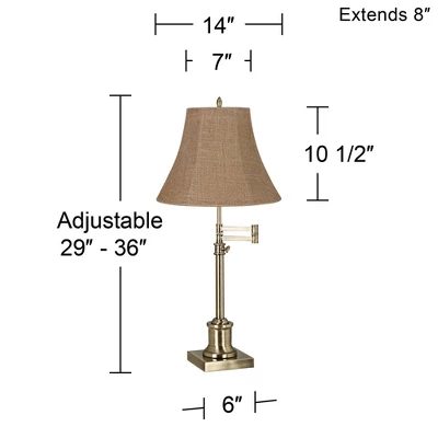 360 Lighting Traditional Swing Arm Desk Table Lamp Adjustable Height 36" Tall Antique Brass Natural Burlap Bell Shade Living Room Bedroom 2 360 Lighting Traditional Swing Arm Desk Table Lamp Adjustable Height 36" Tall Antique Brass Natural Burlap Bell Shade Living Room Bedroom - Image 2