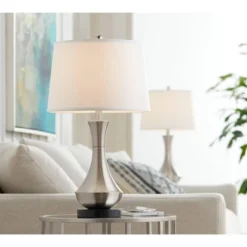 360 Lighting Simon Modern Table Lamps 25 1/2" High Set Of 2 Brushed Nickel With USB Charging Port White Fabric Drum Shade For Bedroom Living Room Desk -Adesso Shop GUEST 9720b799 16c4 428e 9769 9e0d90f9cf62