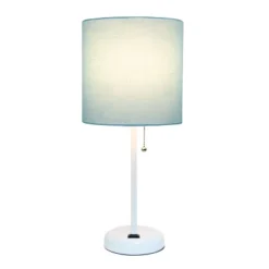 19.5" Bedside Power Outlet Base Metal Table Desk Lamp In White With Aqua Blue Fabric Shade - Creekwood Home