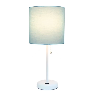 19.5" Bedside Power Outlet Base Metal Table Desk Lamp In White With Aqua Blue Fabric Shade - Creekwood Home 1 19.5" Bedside Power Outlet Base Metal Table Desk Lamp In White With Aqua Blue Fabric Shade - Creekwood Home
