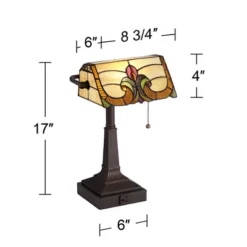 Robert Louis Tiffany Traditional Piano Banker Desk Table Lamp 17" High With AC Power Outlet Bronze Floral Art Glass Bedroom Office -Adesso Shop GUEST 99b8f395 d028 4b52 98be e0a78881b3a5
