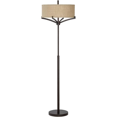 Franklin Iron Works Tremont Mid Century Modern Floor Lamp 62" Tall Deep Bronze Metal Tan Burlap Drum Shade For Living Room Bedroom Office House Home 5 Franklin Iron Works Tremont Mid Century Modern Floor Lamp 62" Tall Deep Bronze Metal Tan Burlap Drum Shade For Living Room Bedroom Office House Home - Image 5