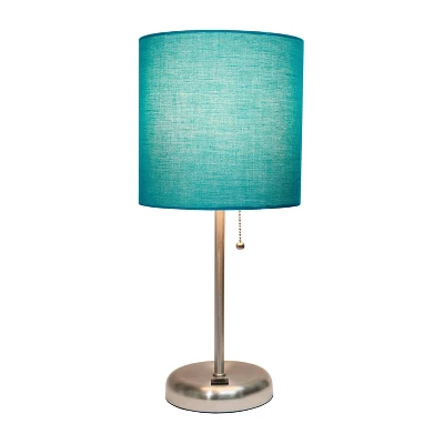 19.5" Bedside USB Port Feature Metal Table Desk Lamp Brushed Steel With Teal Fabric Shade - Creekwood Home 1 19.5" Bedside USB Port Feature Metal Table Desk Lamp Brushed Steel With Teal Fabric Shade - Creekwood Home