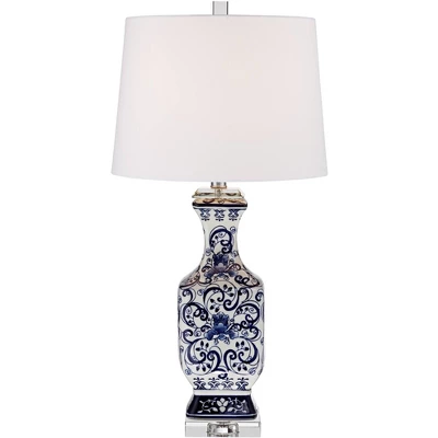 Barnes And Ivy Table Lamps 28" Tall Set Of 2 Porcelain Blue Floral Jar Geneva White Drum Shade For Living Room Family Bedroom Bedside 6 Barnes And Ivy Table Lamps 28" Tall Set Of 2 Porcelain Blue Floral Jar Geneva White Drum Shade For Living Room Family Bedroom Bedside - Image 6