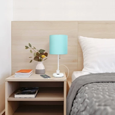 19.5" Bedside Power Outlet Base Metal Table Desk Lamp In White With Aqua Blue Fabric Shade - Creekwood Home 7 19.5" Bedside Power Outlet Base Metal Table Desk Lamp In White With Aqua Blue Fabric Shade - Creekwood Home - Image 7