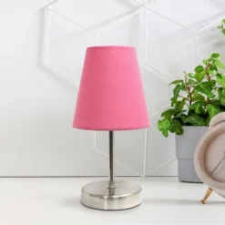 10.5" Petite Metal Stick Bedside Table Desk Lamp In Sand Nickel With Fabric Shade Pink - Creekwood Home -Adesso Shop GUEST a65adc18 d1d4 4203 bf52 3657c41d6a7a