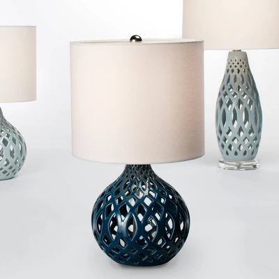 Fretwork Ceramic Table Lamp Ceramic With Drum Linen Shade Blue - Splendor Home 2 Fretwork Ceramic Table Lamp Ceramic With Drum Linen Shade Blue - Splendor Home - Image 2