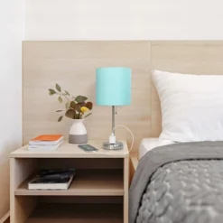 19.5" Bedside Power Outlet Base Metal Table Desk Lamp In Brushed Steel With Aqua Blue Fabric Shade - Creekwood Home -Adesso Shop GUEST a812ad80 4f1b 41d3 8c5e b4a6b3b919a3