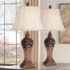 Regency Hill Exeter Traditional Table Lamps 30" Tall Set Of 2 Bronze Wood Carved Leaf Cream Rectangular Bell Shade For Bedroom Living Room Bedside