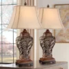 Barnes And Ivy Traditional Table Lamps 32.5" Tall Set Of 2 Bronze Curling Leaves Tan Rectangular Shade For Living Room Family Bedroom Bedside