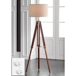 Possini Euro Design Serveyor Modern 57 1/2" Tall Tripod Floor Lamp Smart Socket Cherry Wood Brass Adjustable Beige Shade For Living Room
