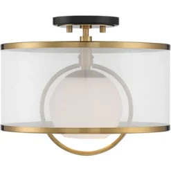 Possini Euro Design Carlyn Modern Art Deco Ceiling Light Semi Flush Mount Fixture 14" Wide Warm Brass Black Orb Organza Drum Shade For Bedroom Kitchen -Adesso Shop GUEST b636f543 cf37 4ef9 b484 5f095e27f3ef