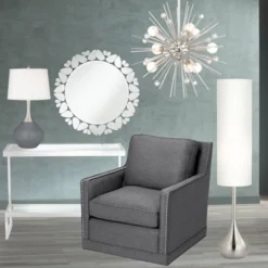 Possini Euro Design Mid Century Modern Floor Lamp 62" Tall Brushed Steel Droplet Cotton Cylinder Shade For Living Room Bedroom Office -Adesso Shop GUEST baf66e3a 0551 49f3 a874 28edb3e207cb