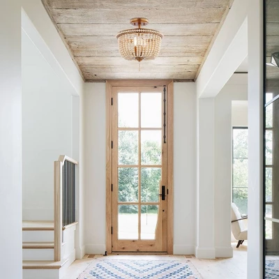 14" LED 3-Light Allie Wood Bead/Iron Pendant Antique Gold/Taupe - JONATHAN Y 3 14" LED 3-Light Allie Wood Bead/Iron Pendant Antique Gold/Taupe - JONATHAN Y - Image 3