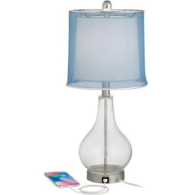 360 Lighting Modern Accent Table Lamps 21.75" High Set Of 2 With USB Charging Port Clear Glass Blue Drum Shade For Living Room Desk Bedroom Office 2 360 Lighting Modern Accent Table Lamps 21.75" High Set Of 2 With USB Charging Port Clear Glass Blue Drum Shade For Living Room Desk Bedroom Office - Image 2