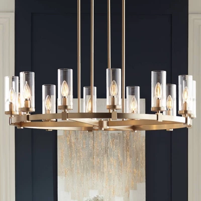 Stiffel Aron Brass Gold Wagon Wheel Chandelier 36" Wide Modern Clear Glass Shade 12-Light Fixture For Dining Room House Foyer Kitchen Island Entryway 1 Stiffel Aron Brass Gold Wagon Wheel Chandelier 36" Wide Modern Clear Glass Shade 12-Light Fixture For Dining Room House Foyer Kitchen Island Entryway