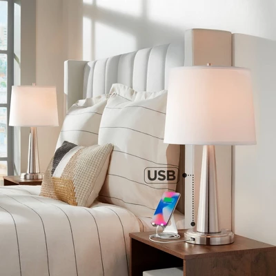 360 Lighting Karla Modern Table Lamps 25" High Set Of 2 Brushed Steel Column With USB Charging Port White Fabric Shade For Bedroom Living Room Desk 1 360 Lighting Karla Modern Table Lamps 25" High Set Of 2 Brushed Steel Column With USB Charging Port White Fabric Shade For Bedroom Living Room Desk