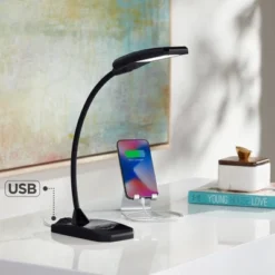 360 Lighting Ricky Modern Desk Lamp 13 3/4" High Black With USB Charging Port LED Gooseneck Touch On Off Dimmer For Bedroom Bedside Office House Desk