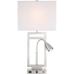 Possini Euro Design Modern Table Lamp With USB Outlet Reading Light LED 29.25" Tall Brushed Nickel Rectangular Off White Shade Bedroom Office -Adesso Shop GUEST c84d6094 acb5 46e6 828f ec7f334b0a03