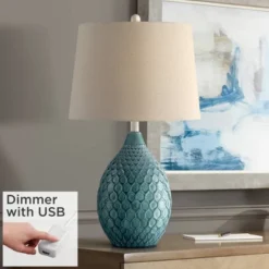 360 Lighting Modern Table Lamp With USB Charging Port 24 3/4" High Sea Foam Ceramic Oatmeal Drum Shade For Living Room Desk Bedroom