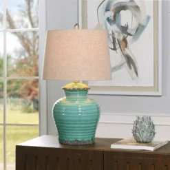 Turquoise Ceramic Table Lamp With Beige Hardback Linen Shade - StyleCraft -Adesso Shop GUEST c9ae81ad 3827 49f7 ad47 81bcc8ff254b