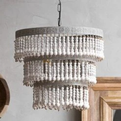 3-Tier Round Metal Chandelier With 3 Lights And Hanging Wood Beads Cream - Storied Home -Adesso Shop GUEST ca6d316d 5c26 47ed 87b0 d32c2d3c9e65