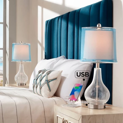 360 Lighting Modern Accent Table Lamps 21.75" High Set Of 2 With USB Charging Port Clear Glass Blue Drum Shade For Living Room Desk Bedroom Office 1 360 Lighting Modern Accent Table Lamps 21.75" High Set Of 2 With USB Charging Port Clear Glass Blue Drum Shade For Living Room Desk Bedroom Office