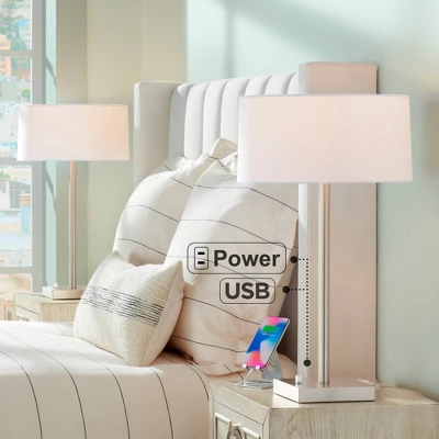 360 Lighting Andre 26 3/4" Tall Mid Century Modern Table Lamps Set Of 2 USB Port AC Power Outlet Silver Finish Metal White Shade Living Room Charging 1 360 Lighting Andre 26 3/4" Tall Mid Century Modern Table Lamps Set Of 2 USB Port AC Power Outlet Silver Finish Metal White Shade Living Room Charging