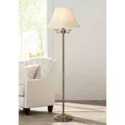 Regency Hill Montebello Vintage Retro Floor Lamp Standing 59" Tall Antique Brass Metal Soft Tan Bell Shade For Living Room Bedroom Office House Home
