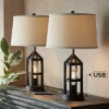 Franklin Iron Works Lucas Western Table Lamps 26" High Set Of 2 Bronze With USB Charging Port And Nightlight LED Drum Shade For Bedroom Bedside Desk