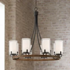 Stiffel Black Wood Wagon Wheel Chandelier 29 1/2" Wide Industrial Clear Outer Frosted Inner Glass 8-Light For Dining Room House