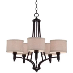 Franklin Iron Works La Pointe Oil Rubbed Bronze Pendant Chandelier 26" Wide Rustic Oatmeal Linen Shade 5-Light Fixture For Dining Room Kitchen Island -Adesso Shop GUEST d3568520 e7b6 415b 845e b4ceddc67fe8