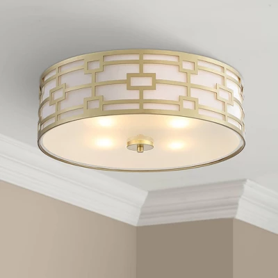 Stiffel Modern Art Deco Ceiling Light Flush Mount Fixture Gold 18" Wide Open Grid Fabric Drum Shade Bedroom Kitchen 1 Stiffel Modern Art Deco Ceiling Light Flush Mount Fixture Gold 18" Wide Open Grid Fabric Drum Shade Bedroom Kitchen