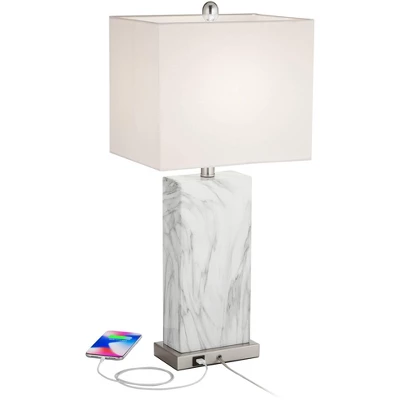 360 Lighting Connie Modern Table Lamps 25" High Set Of 2 White Faux Marble With USB Charging Ports Rectangular Shade For Living Room Office Desk House 2 360 Lighting Connie Modern Table Lamps 25" High Set Of 2 White Faux Marble With USB Charging Ports Rectangular Shade For Living Room Office Desk House - Image 2