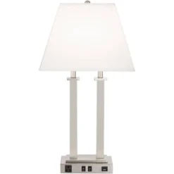 Possini Euro Design Amity Modern Table Lamp 26" High Brushed Nickel With USB And AC Power Outlet In Base White Linen Shade For Bedroom Bedside Desk -Adesso Shop GUEST dafc328e ce07 460d a29e 39808d233350