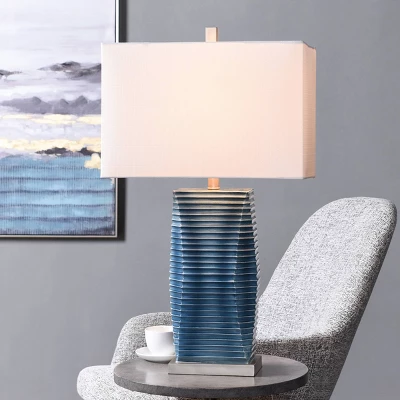 Vertical Lined Moulded Table Lamp With Steel Base Blue - StyleCraft 5 Vertical Lined Moulded Table Lamp With Steel Base Blue - StyleCraft - Image 5